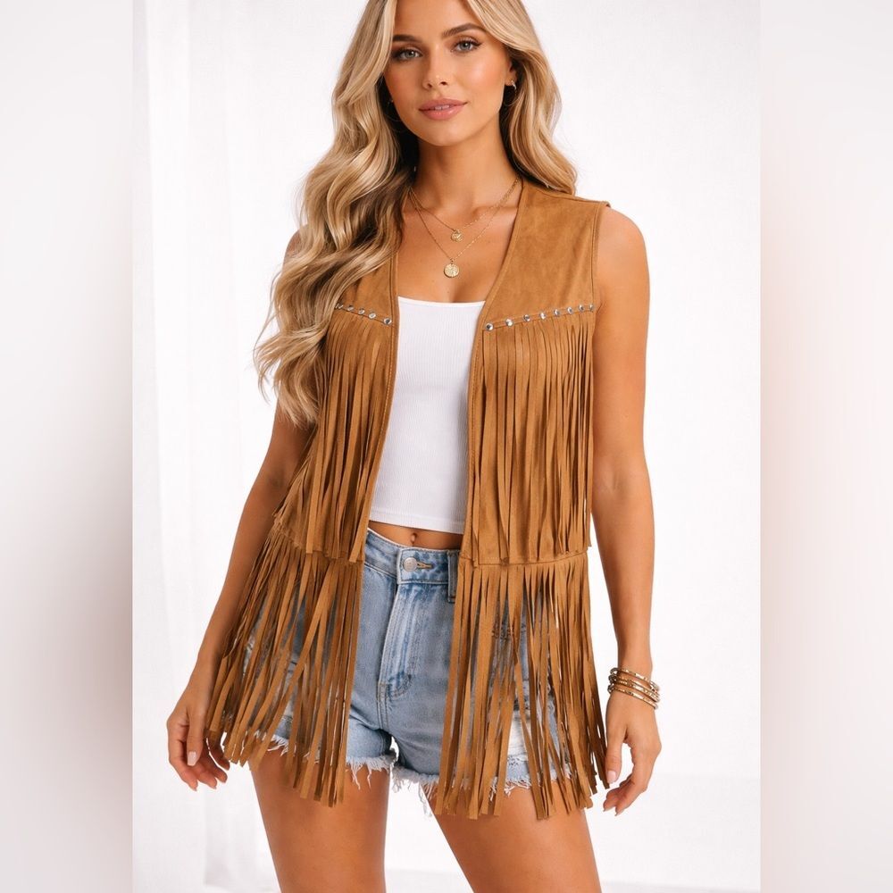 HOTLOOX Faux Suede Fringe Vest Tan Western Boho Cowgirl Women’s XL